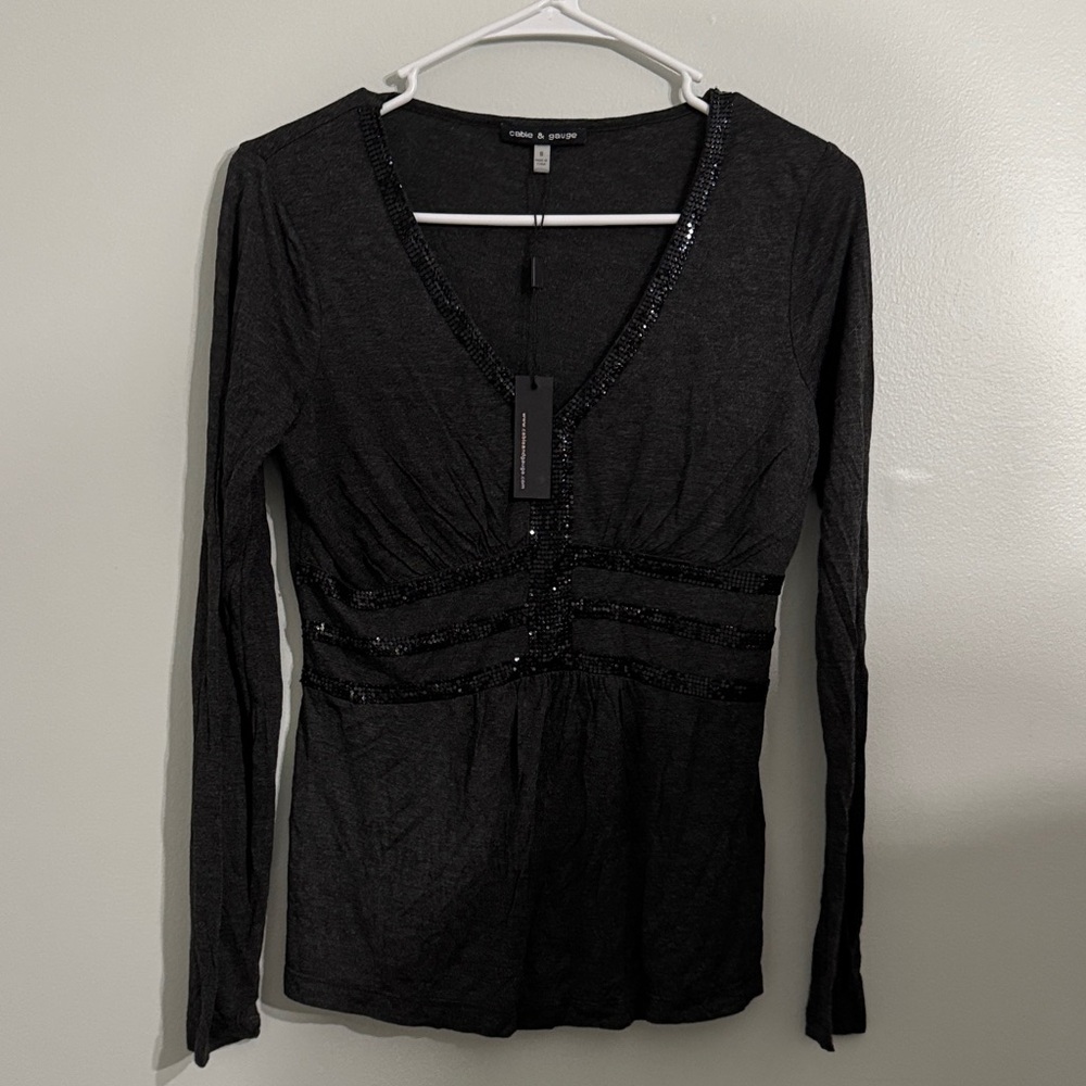 Cable & Gauge Black Long Sleeve Blouse with Sequin Accents